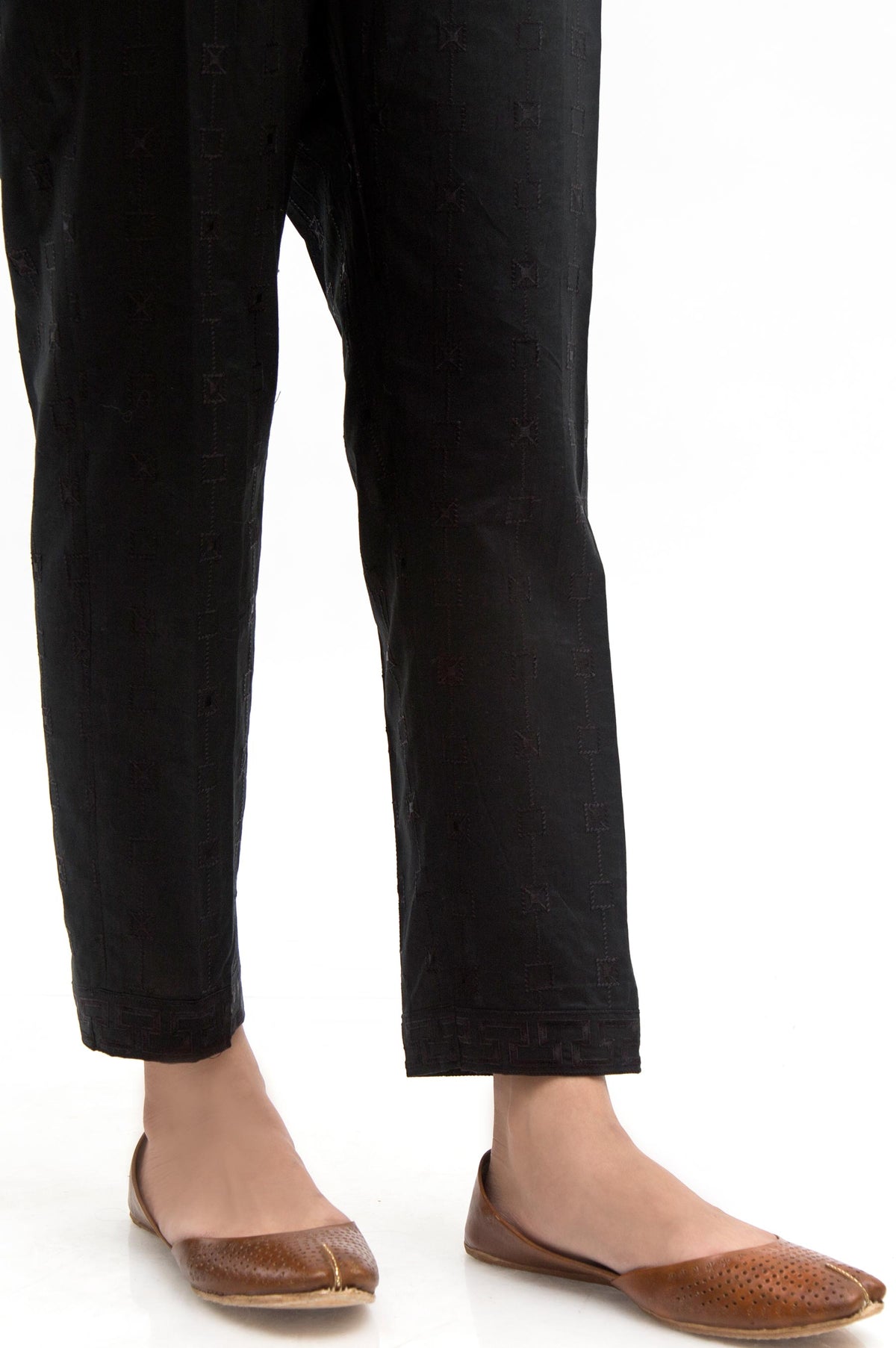 Embroidered Cambric Cigarette Pants  - Black