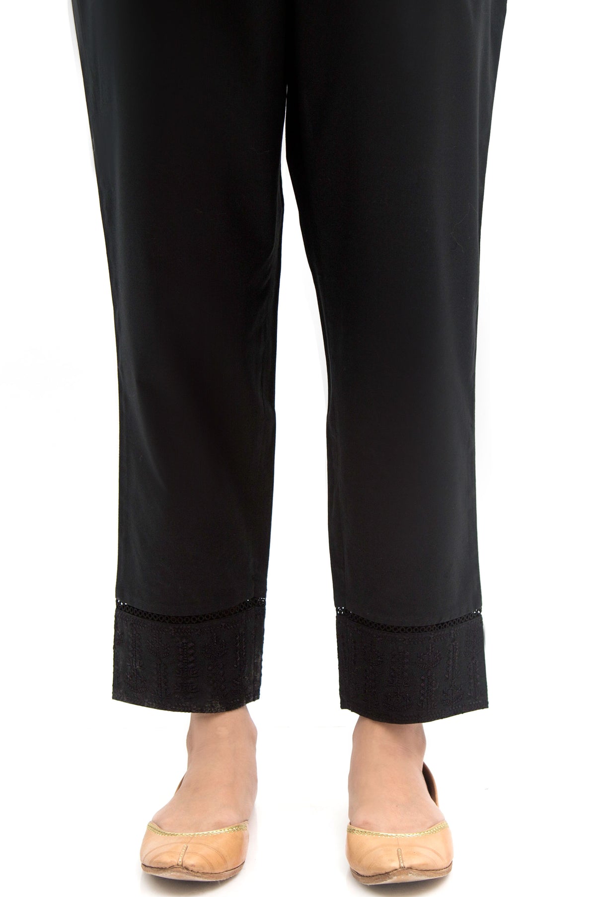 Embroidered Cambric Cigarette Pants  - Black