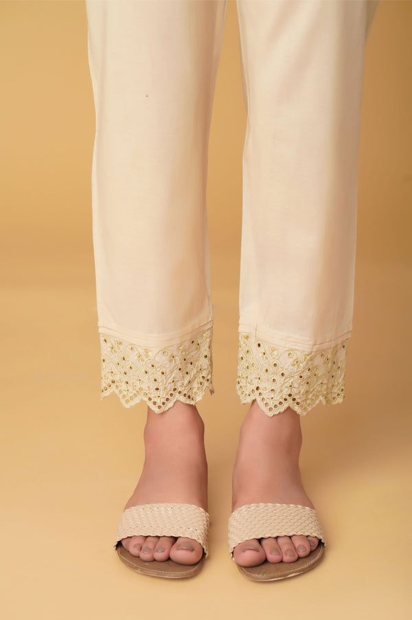 Emboirdered Cambric Cigarette Pant - Beige