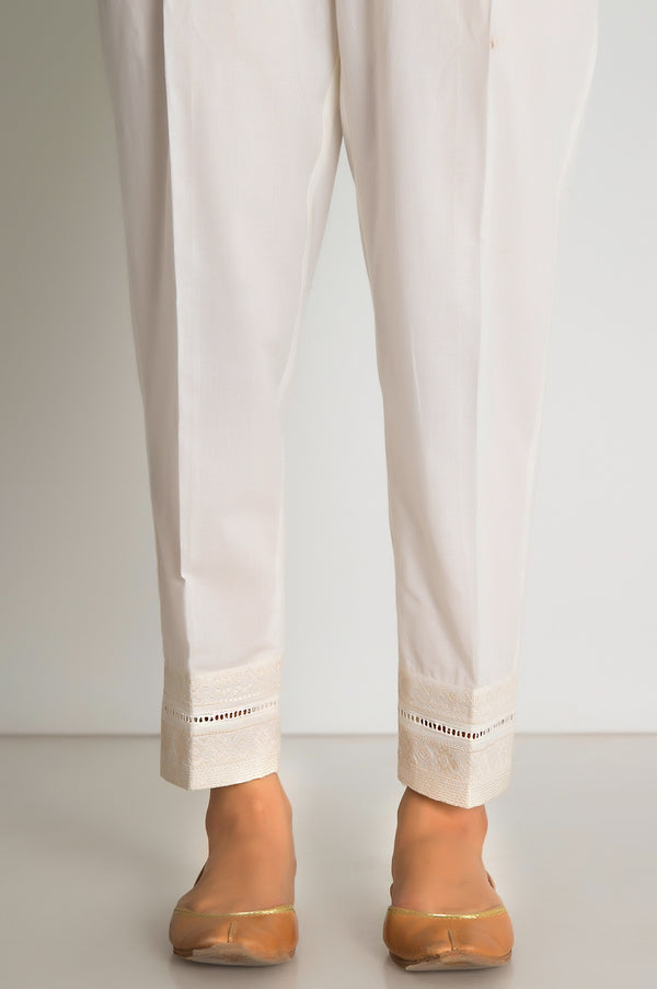 Embroidered Cotton Slub Cigarette Pants - Beige. – Zeenwoman