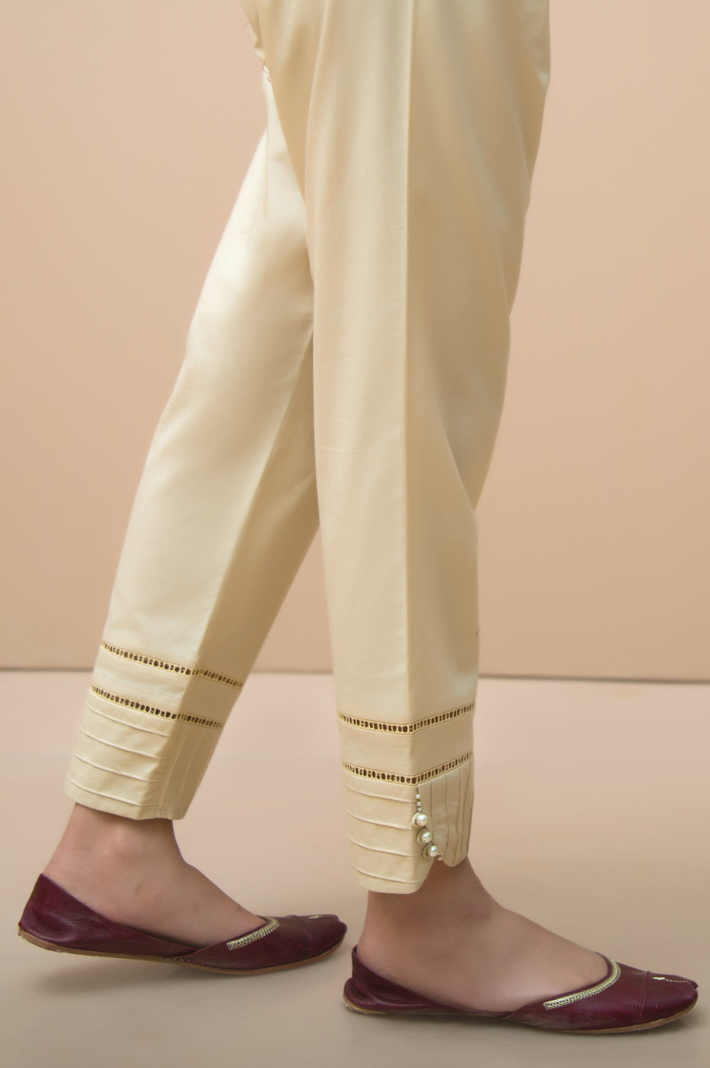 Embellished Cambric Cigarette Pants  - Beige