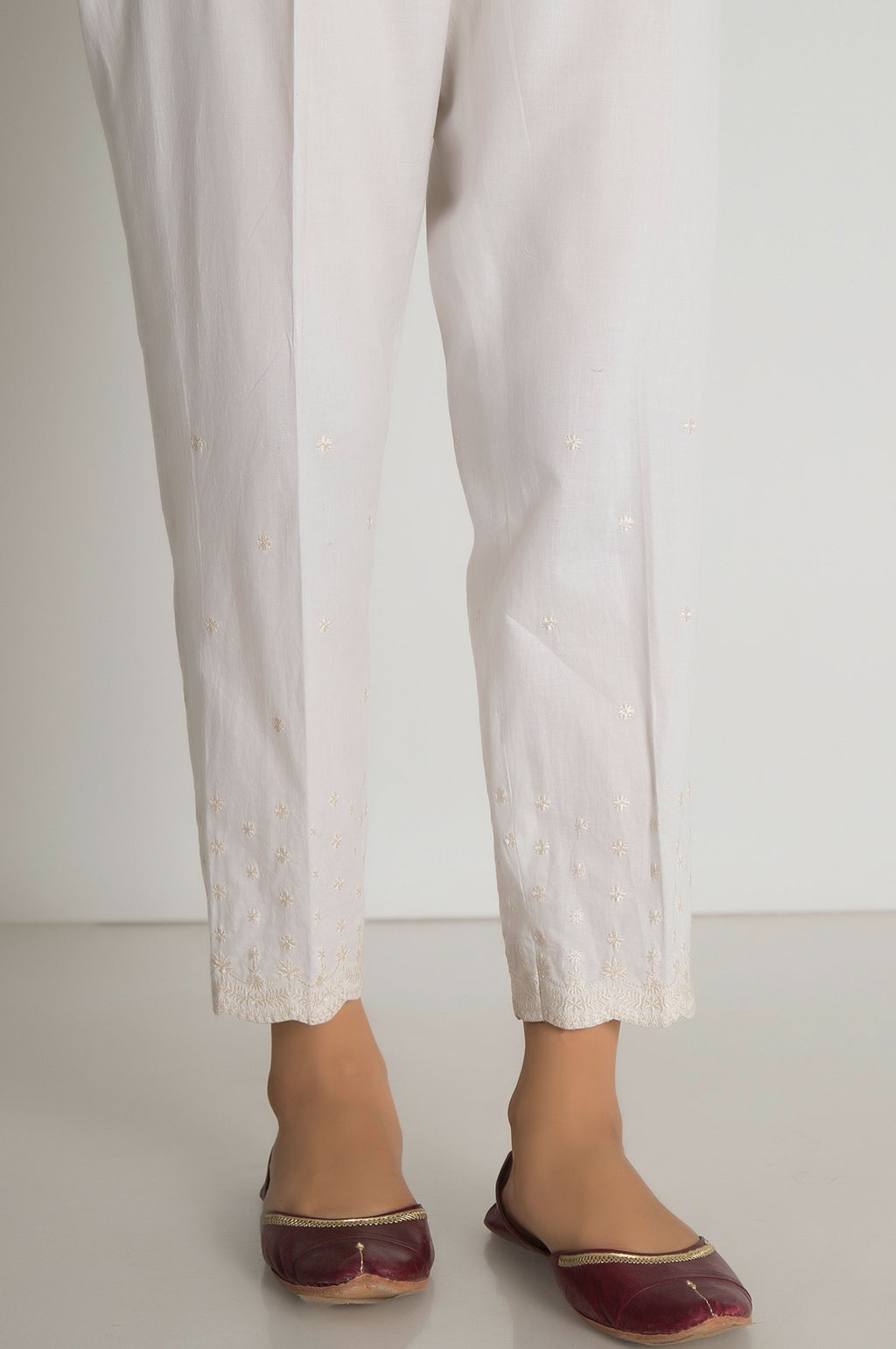 Embroidered Cigarette Pants  - White