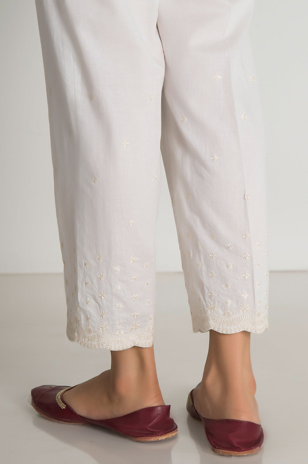 Embroidered Cigarette Pants  - White