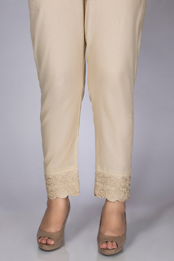 Embroidered Cotton Slub Cigarette Pants - Beige. – Zeenwoman