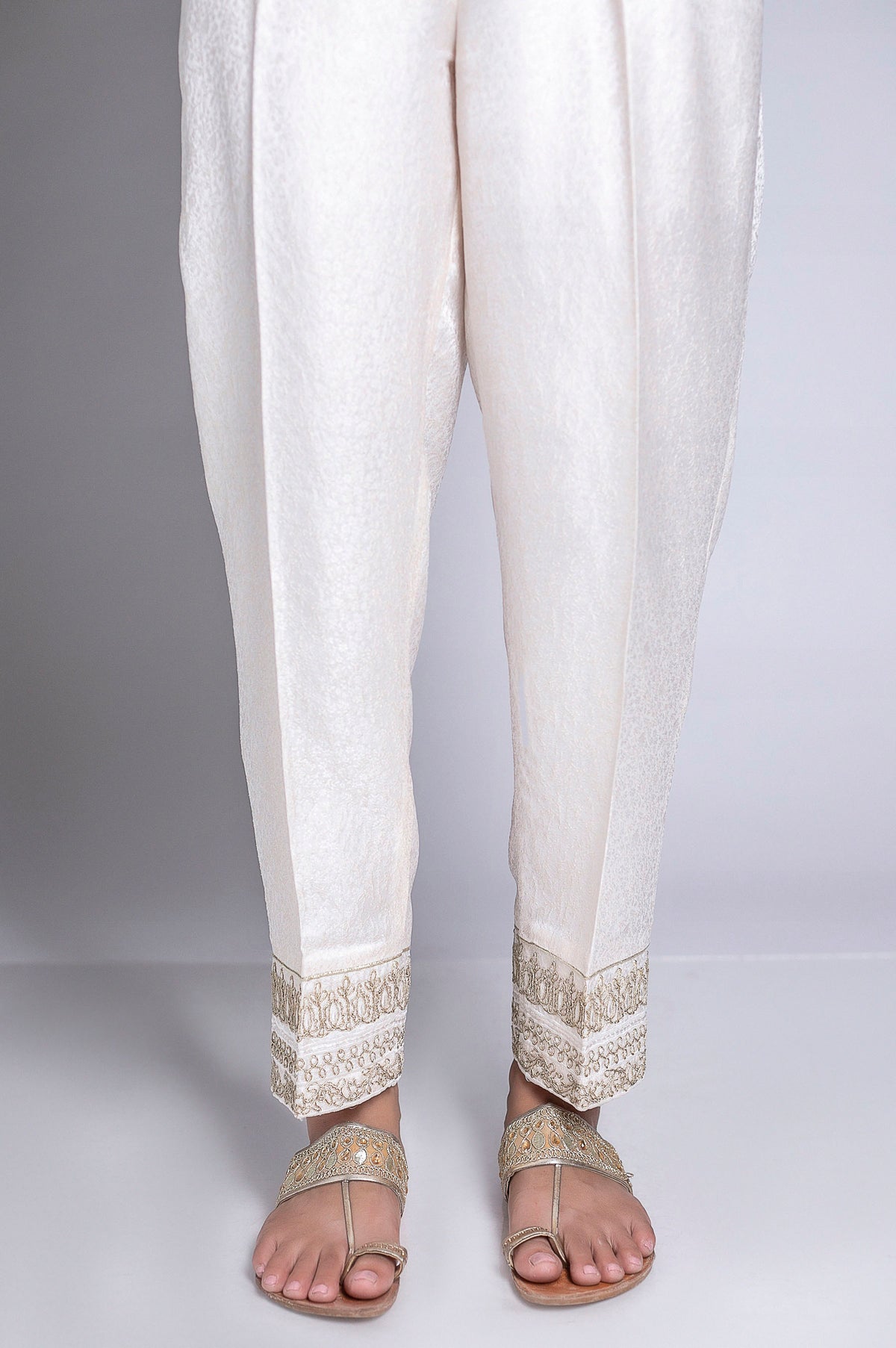 Embroidered Jamawar Pants - White