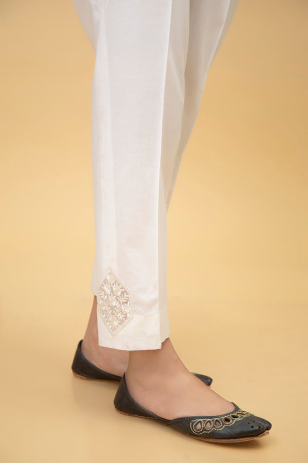 Emboirdered Cambric Cigarette Pant - White