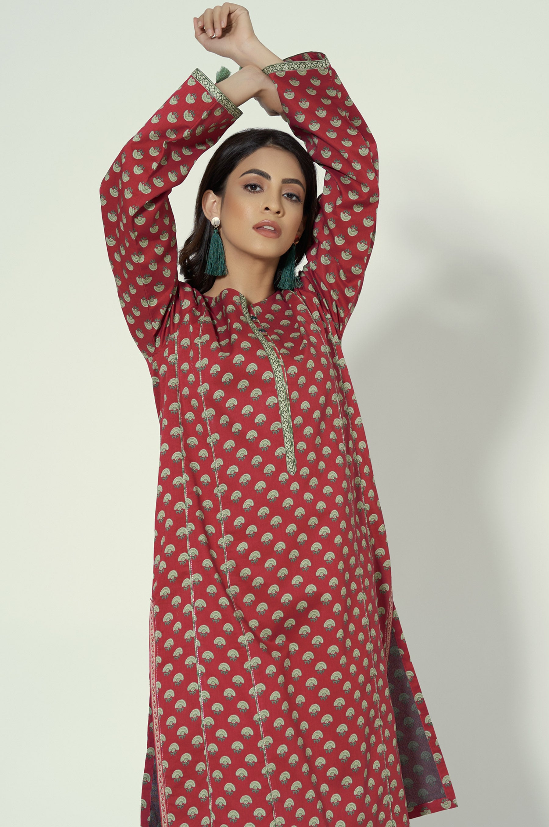 Unstitched 2 Piece Printed Lawn Suit in Red color 