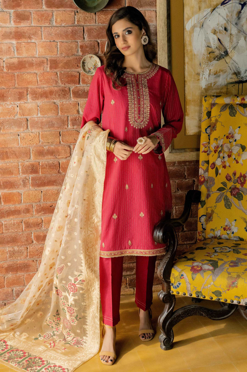 Unstitched 3 Piece Embroidered Maysuri Suit with Organza Jacquard Dupatta