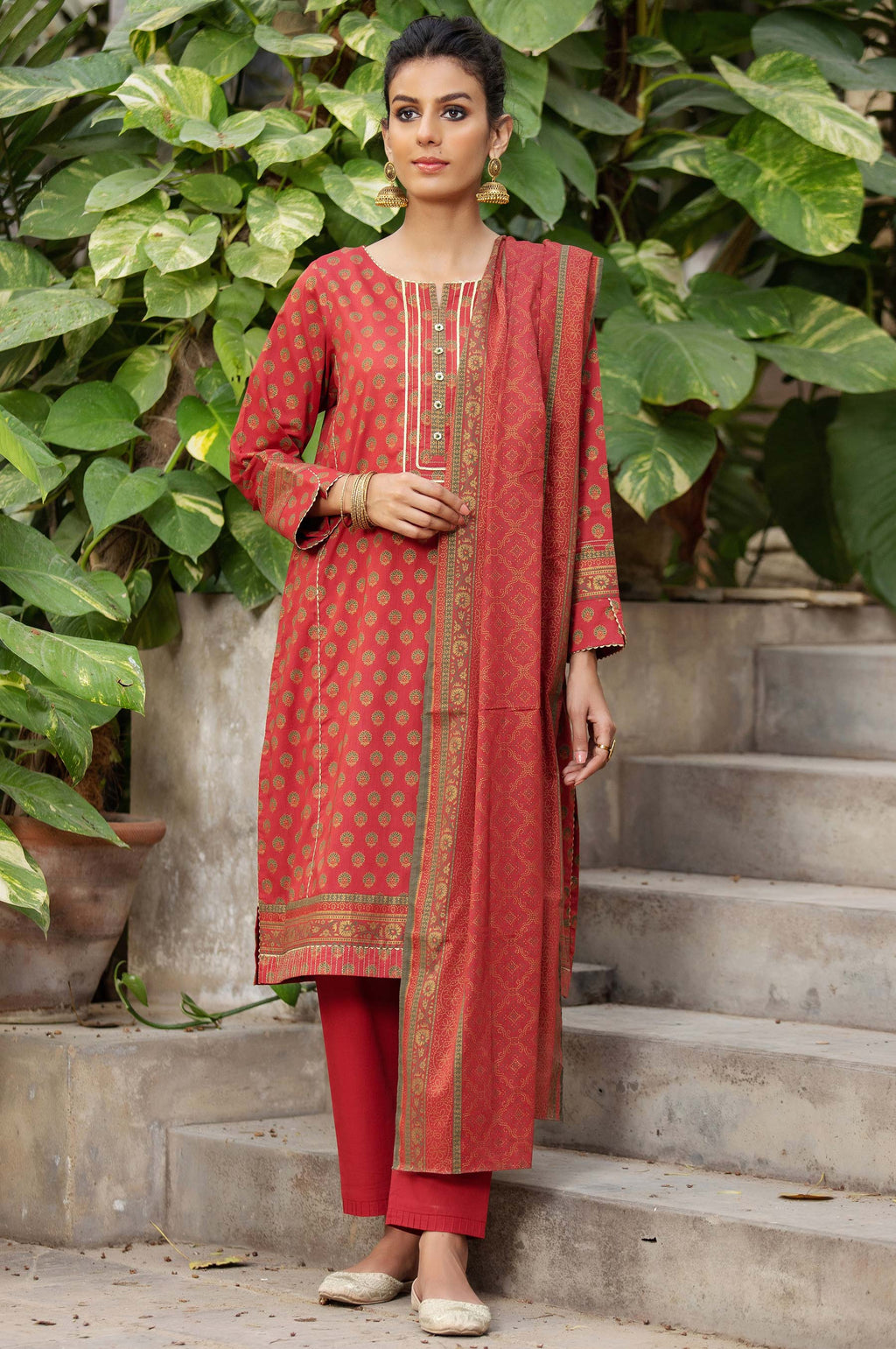 Unstitched 3 Piece Printed Gold & Colored Paste Lawn Suit