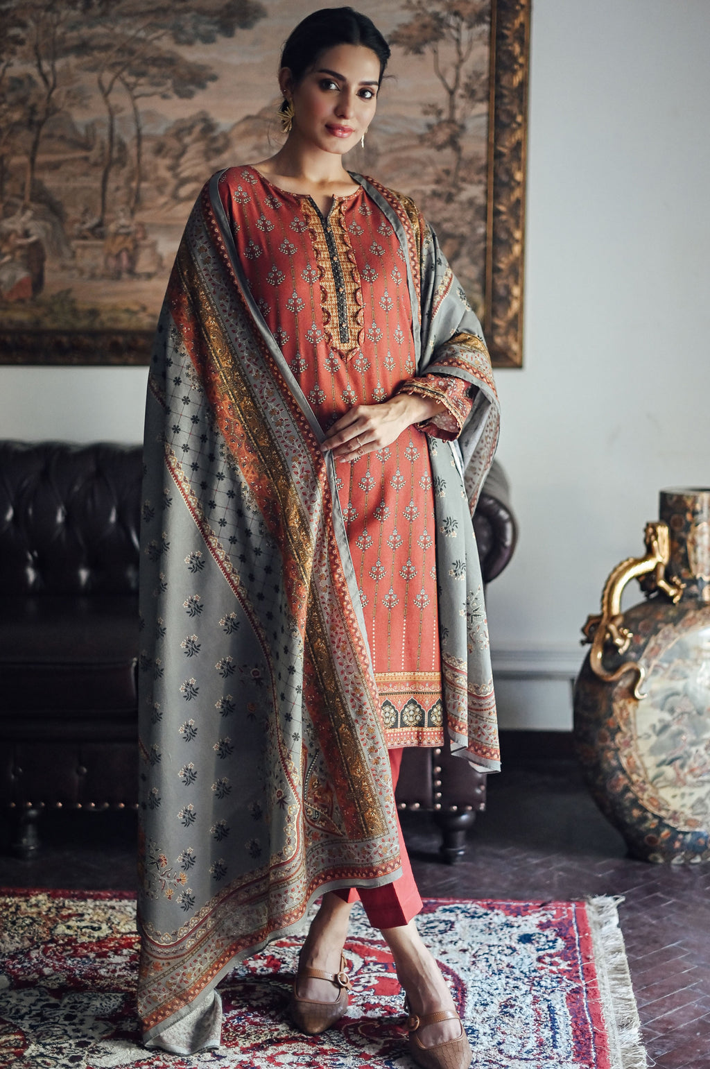 Stitched 3 Piece Printed Karandi Suit