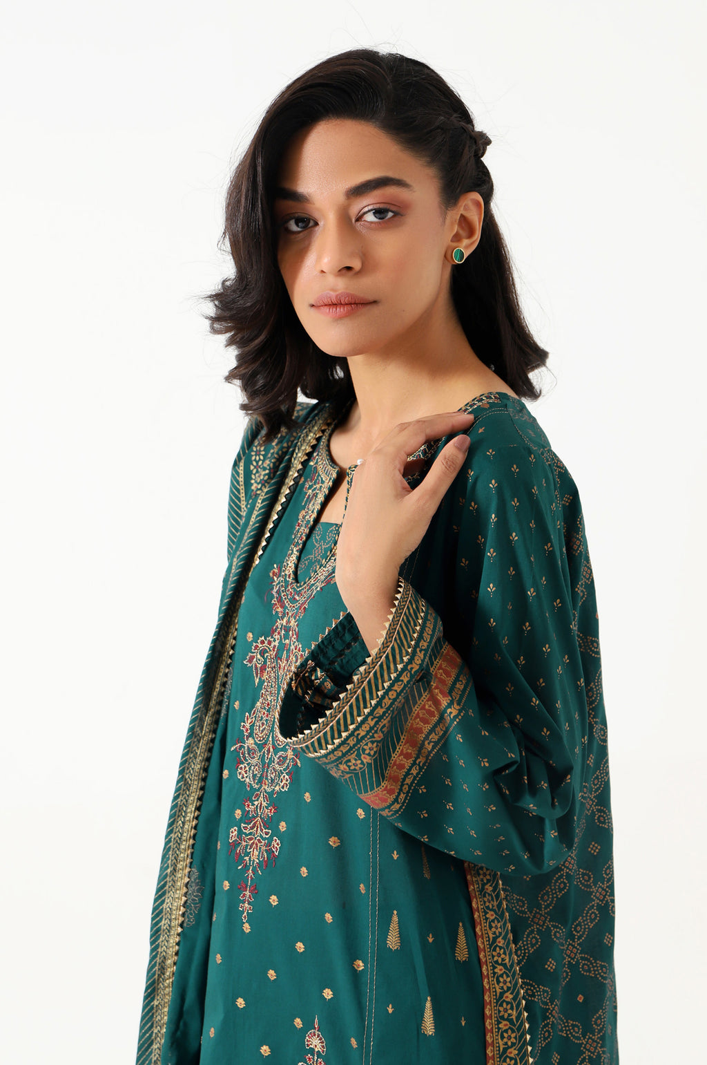 Stitched 3 Piece Gold & Colored Paste Lawn Suit