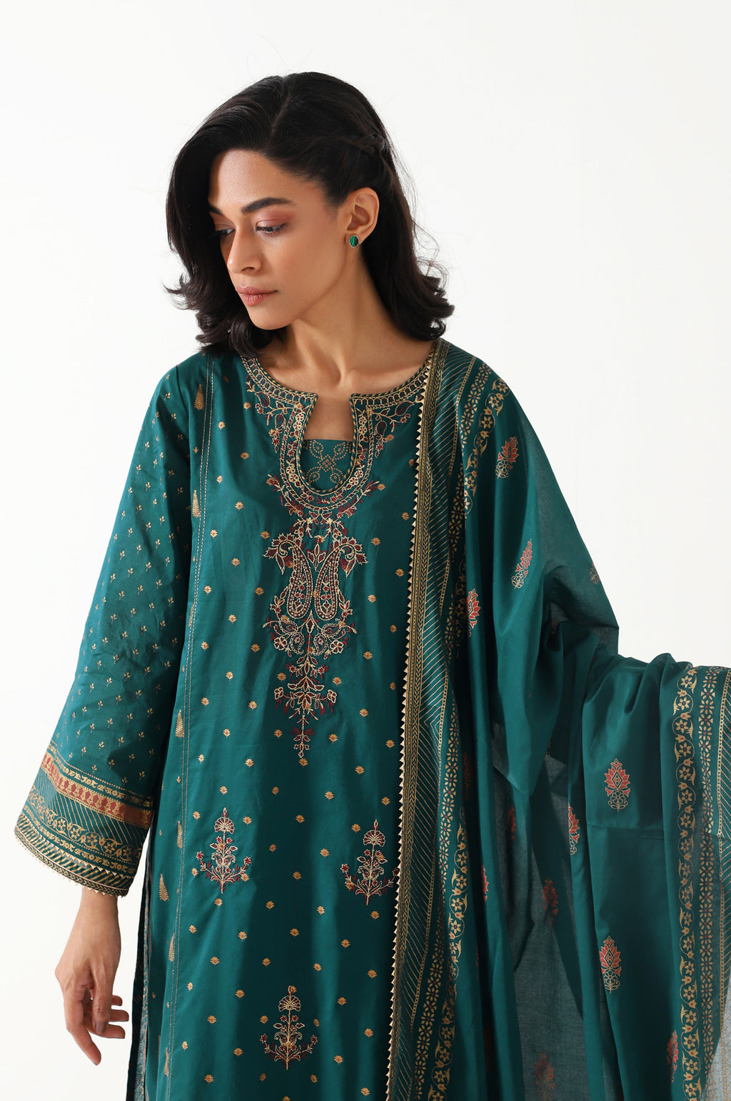 Stitched 3 Piece Gold & Colored Paste Lawn Suit