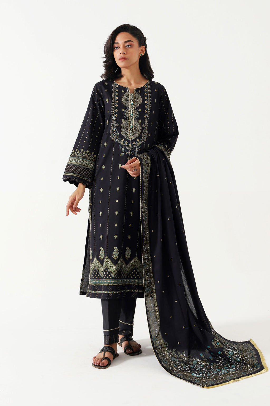 Unstitched 3 Piece Gold & Colored Paste Lawn Suit