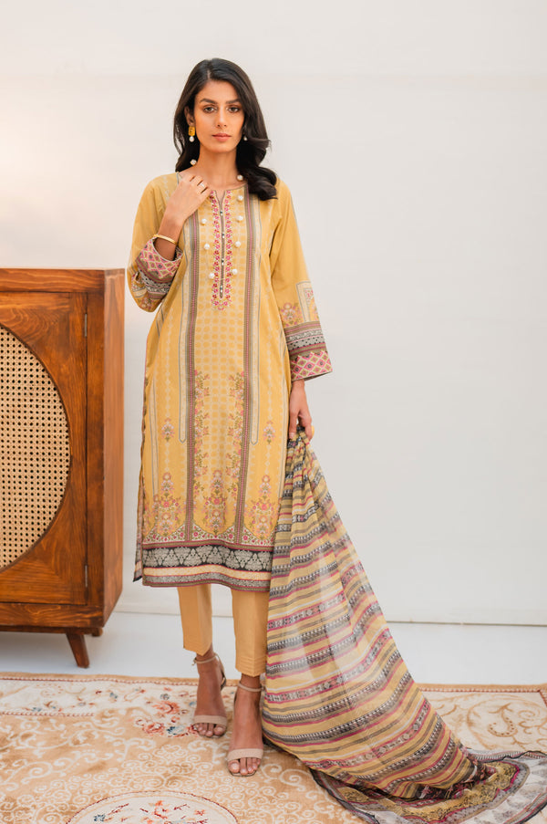 Stitched 3 Piece Embroidered Lawn with Chiffon Suit