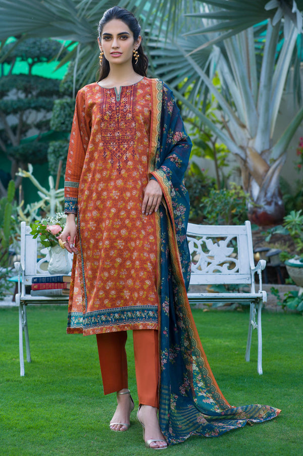 Stitched 3 Piece Embroidered Lawn with Slub Organza Suit