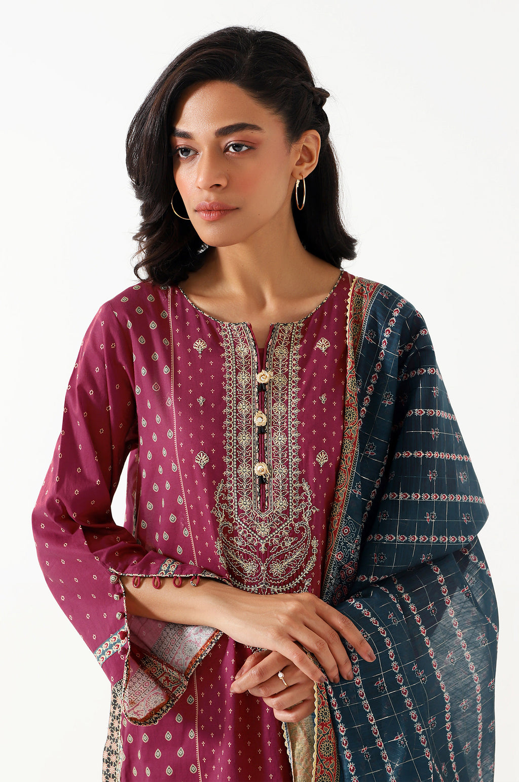 Stitched 3 Piece Embroidered Lawn with Checkered Organza Suit