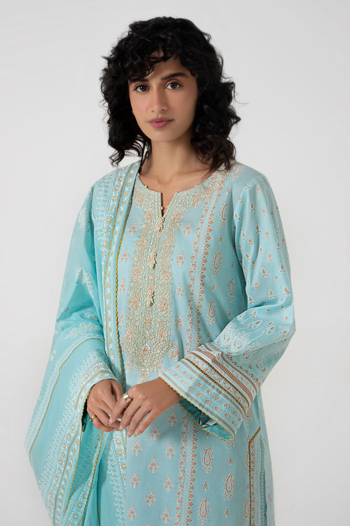 Unstitched 3 Piece Gold & Colored Paste Lawn Suit