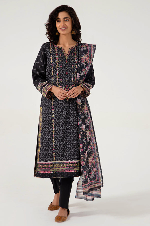 Stitched 3 Piece Embroidered Lawn with Zari Stripes Suit