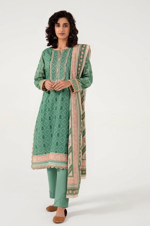 Stitched 3 Piece Embroidered Lawn with Cotton Net Suit