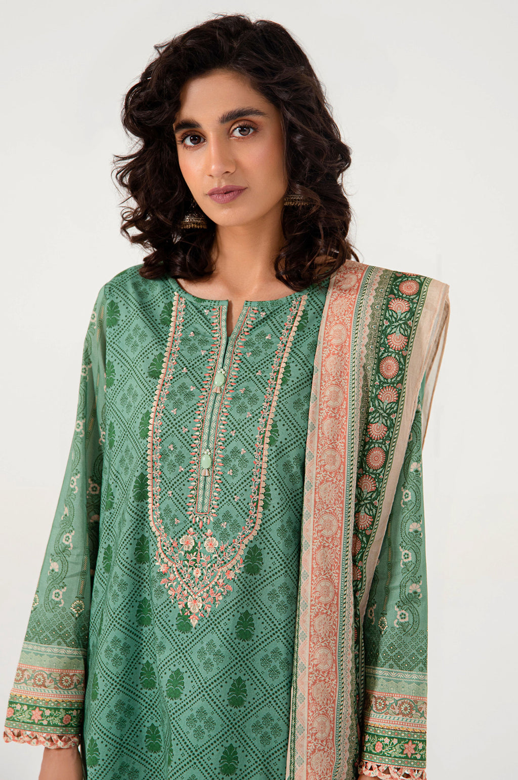 Stitched 3 Piece Embroidered Lawn with Cotton Net Suit