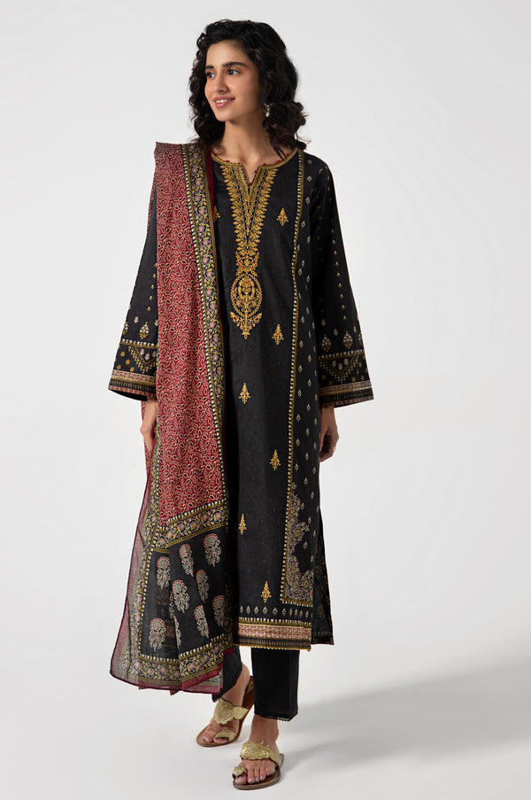 Stitched 3 Piece Embroidered Lawn with Cotton Net Suit