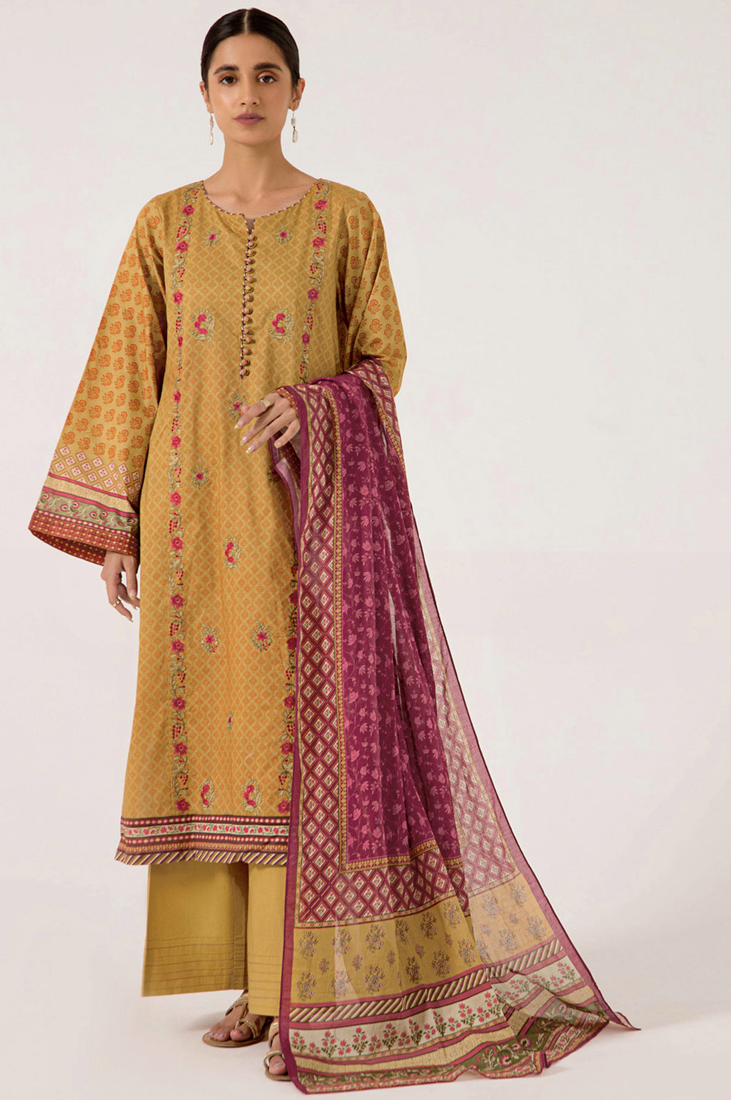 Stitched 3 Piece Embroidered Lawn with Cotton Net Suit