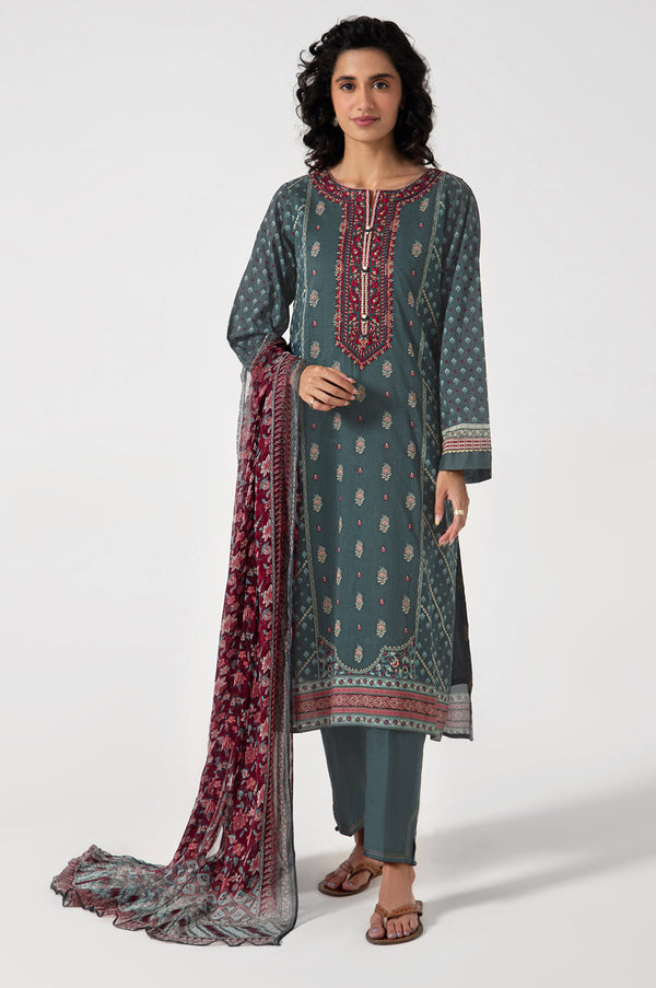 Stitched 3 Piece Embroidered Lawn with Chiffon Suit