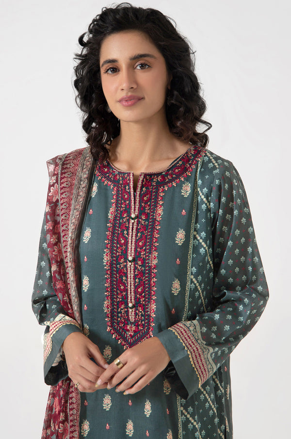 Unstitched 3 Piece Embroidered Lawn with Chiffon Suit
