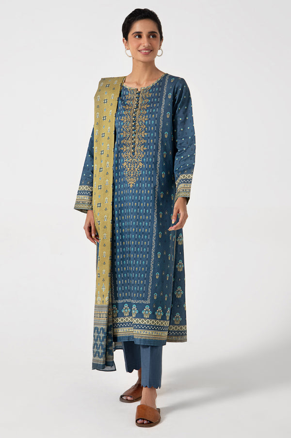 Stitched 3 Piece Embroidered Slub Lawn Suit