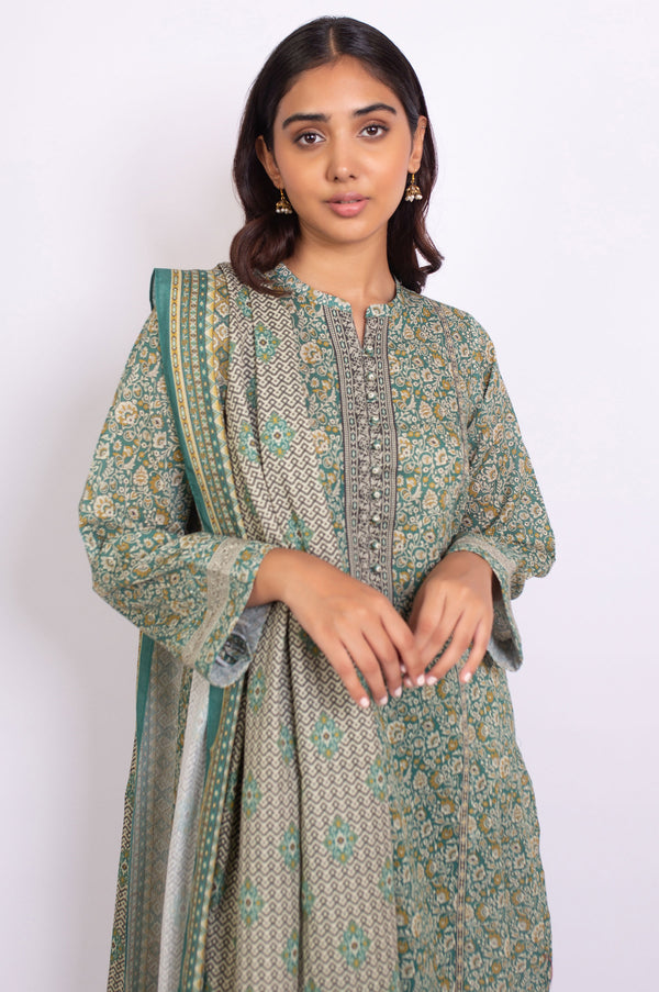 Stitched 3 Piece Printed Karandi Suit