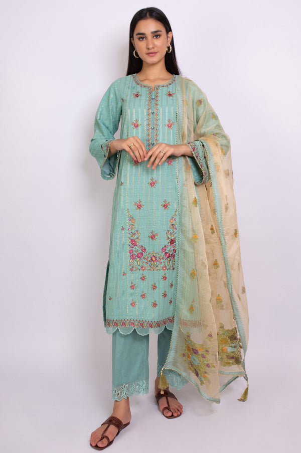 Unstitched 3 Piece Embroidered Maysuri Jacquard Suit