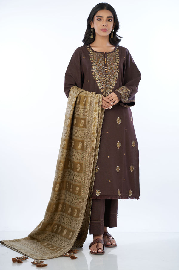 Unstitched 3 Piece Embroidered Karandi with Shawl Suit