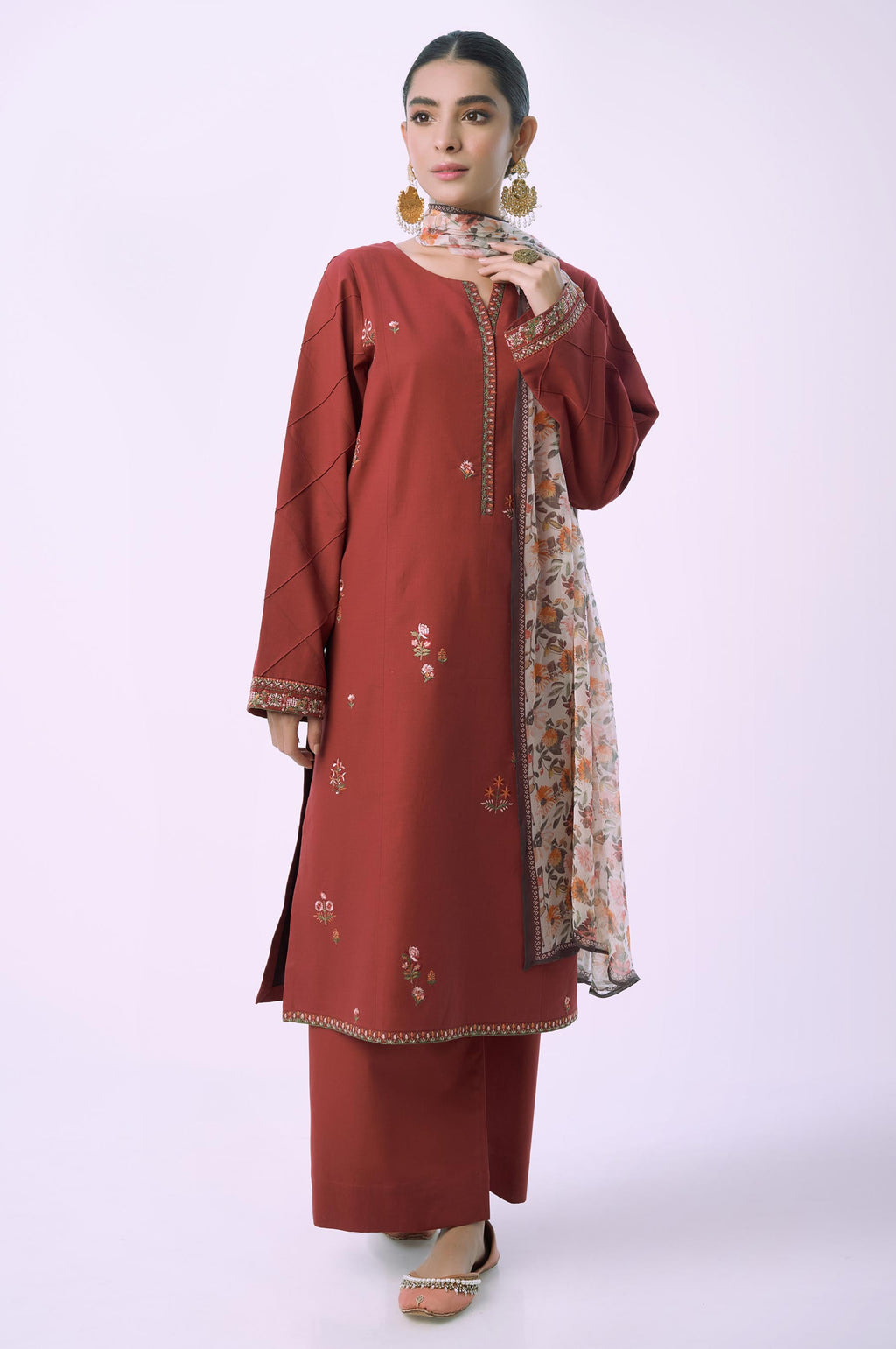 Stitched 3 Piece Embroidered Cambric with Chiffon Dupatta