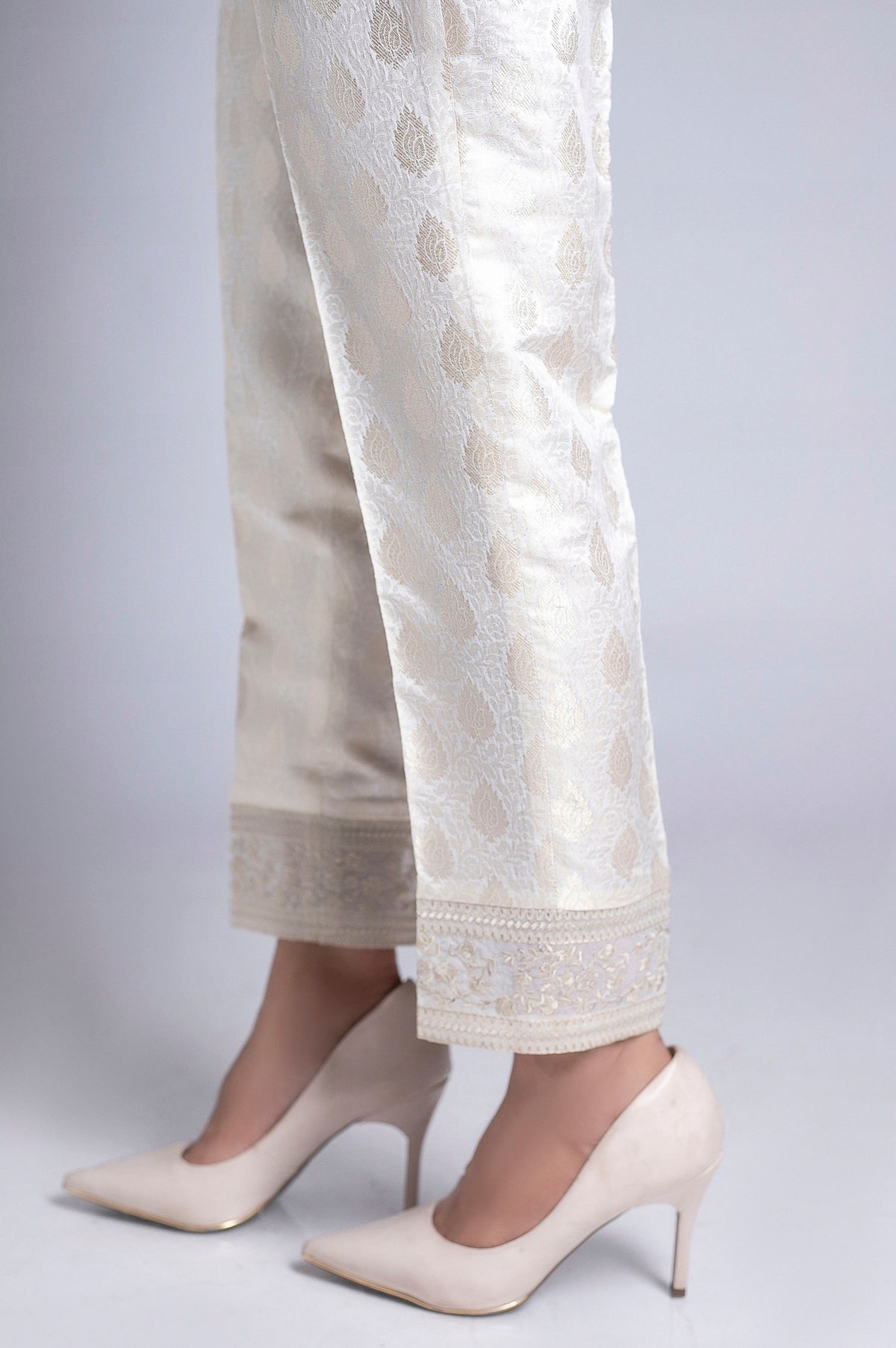 Embroidered Jamawar  Pants - White