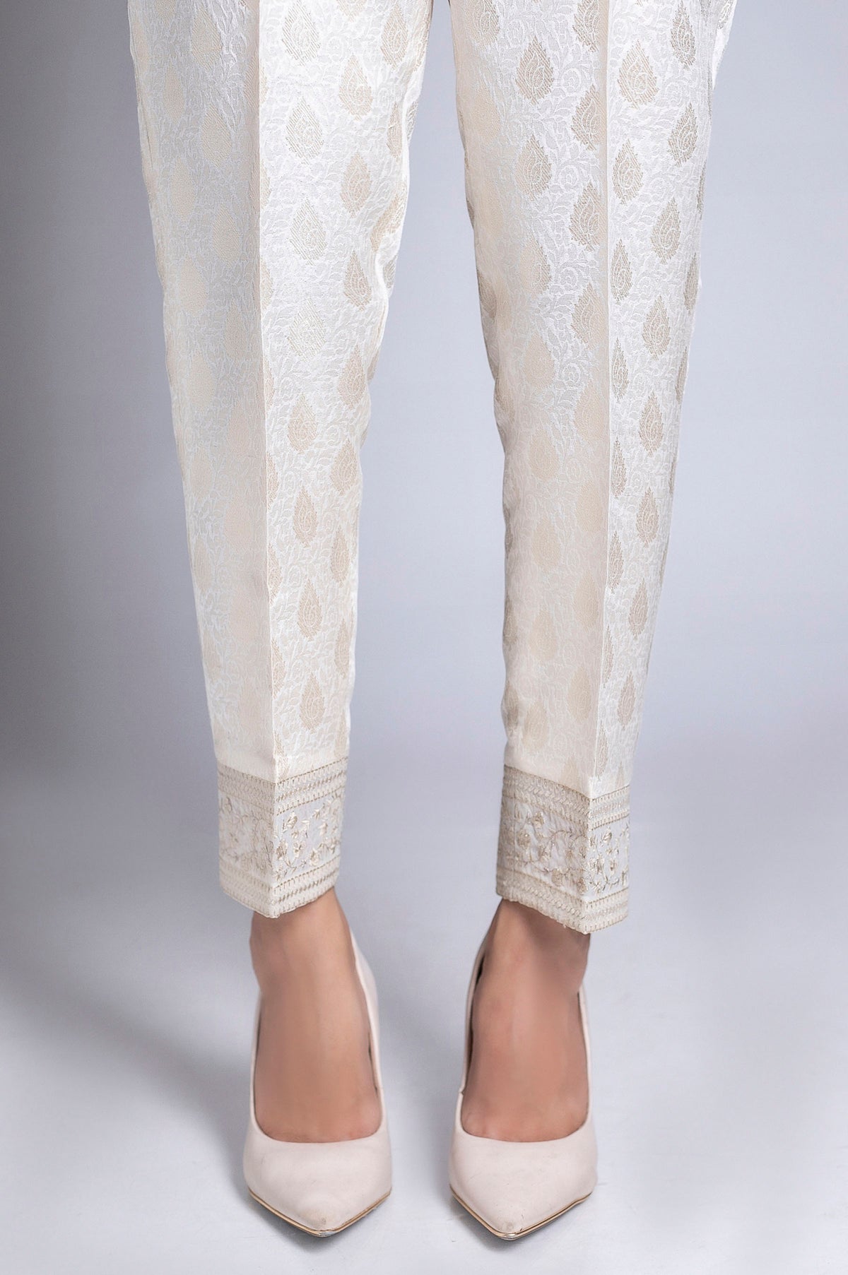 Embroidered Jamawar  Pants - White