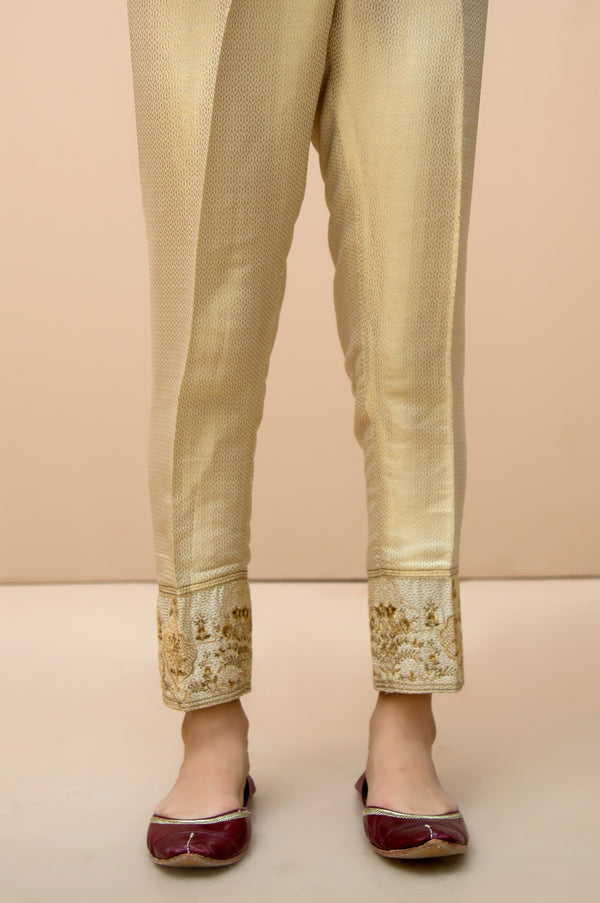 Embroidered Cotton Slub Cigarette Pants - Beige. – Zeenwoman