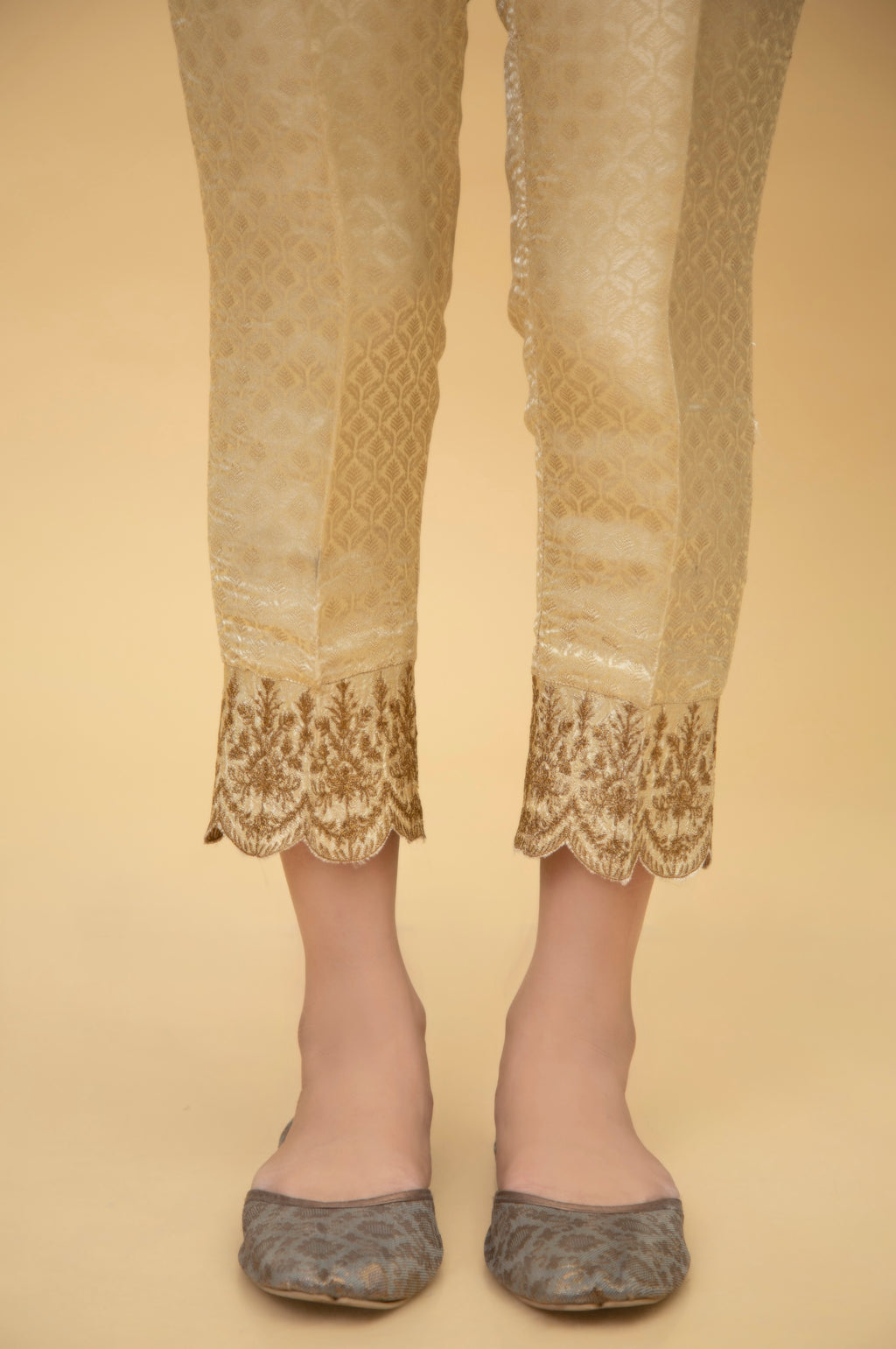 Embroidered Jamawar Cigarette Pants - Gold