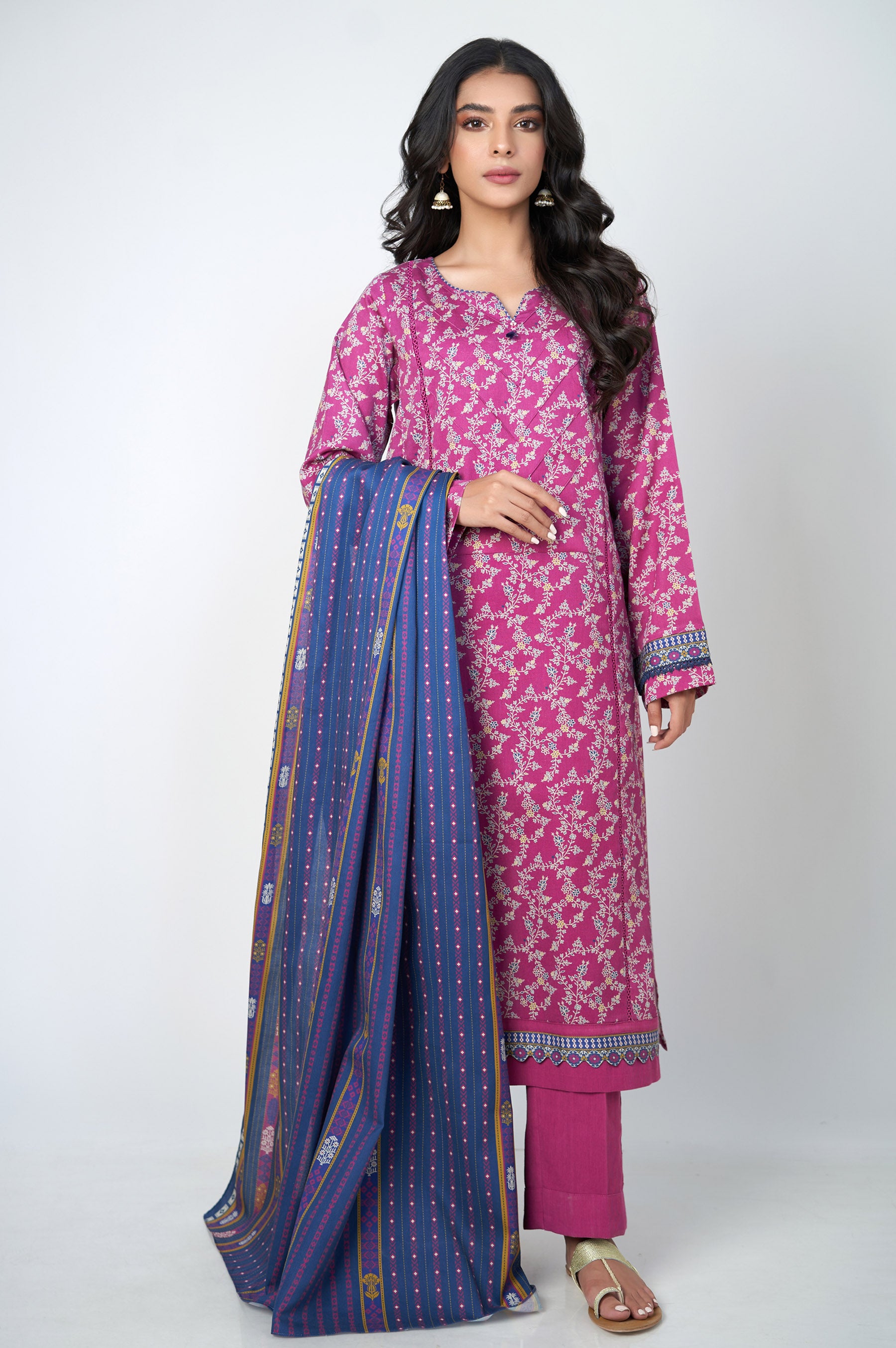 Unstitched 2 Piece Printed Cottel Suit PInk 