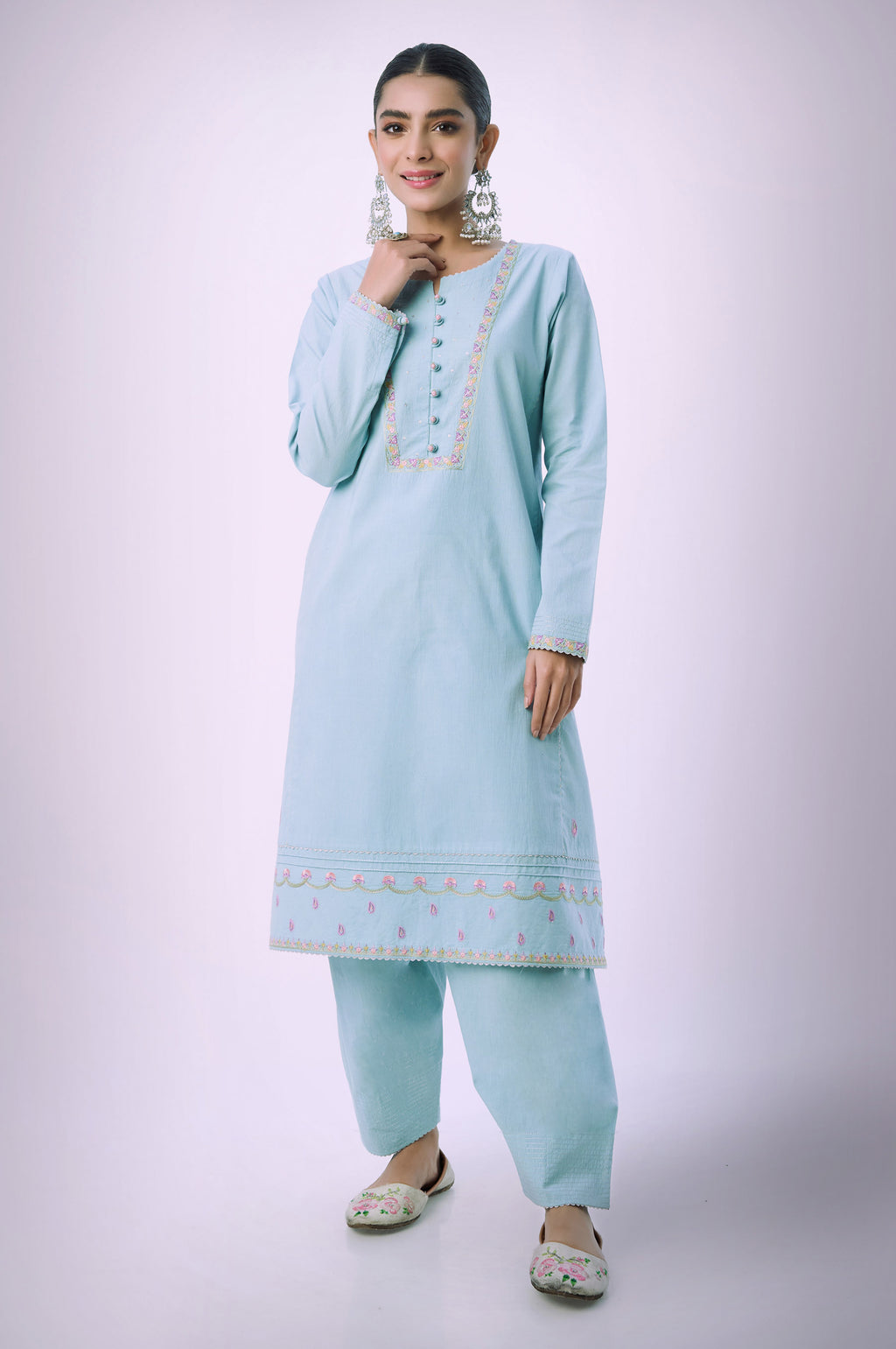 Stitched 2 Piece Embroidered Cambric Suit