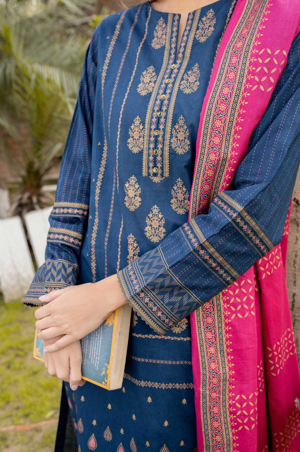 Stitched 3 Piece Printed Gold & White Paste Lawn Suit