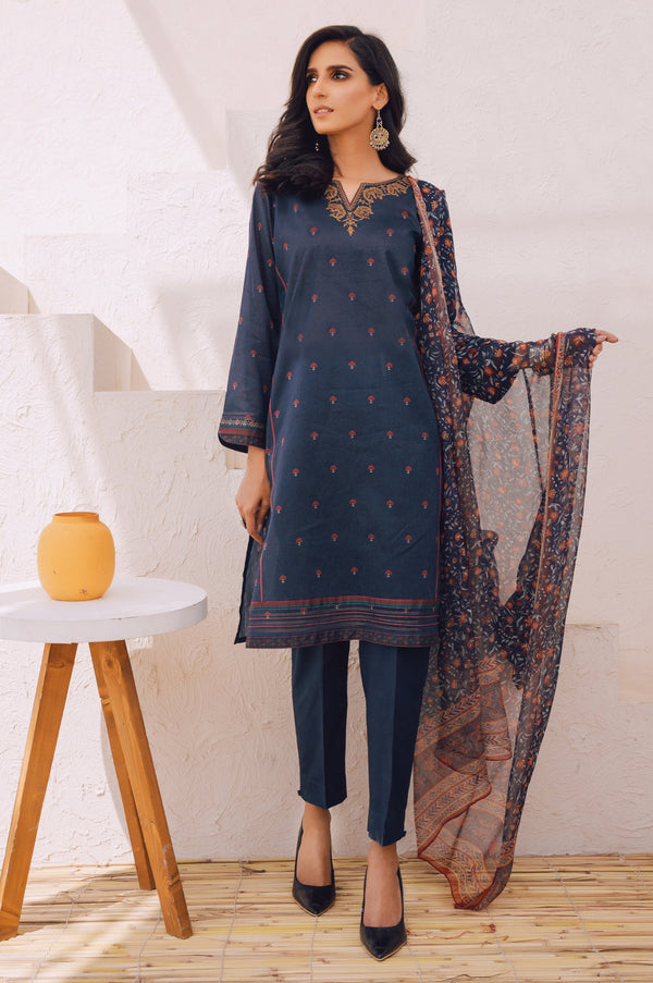 Stitched 3 Piece Embroidered Lawn Suit with Chiffon Dupatta