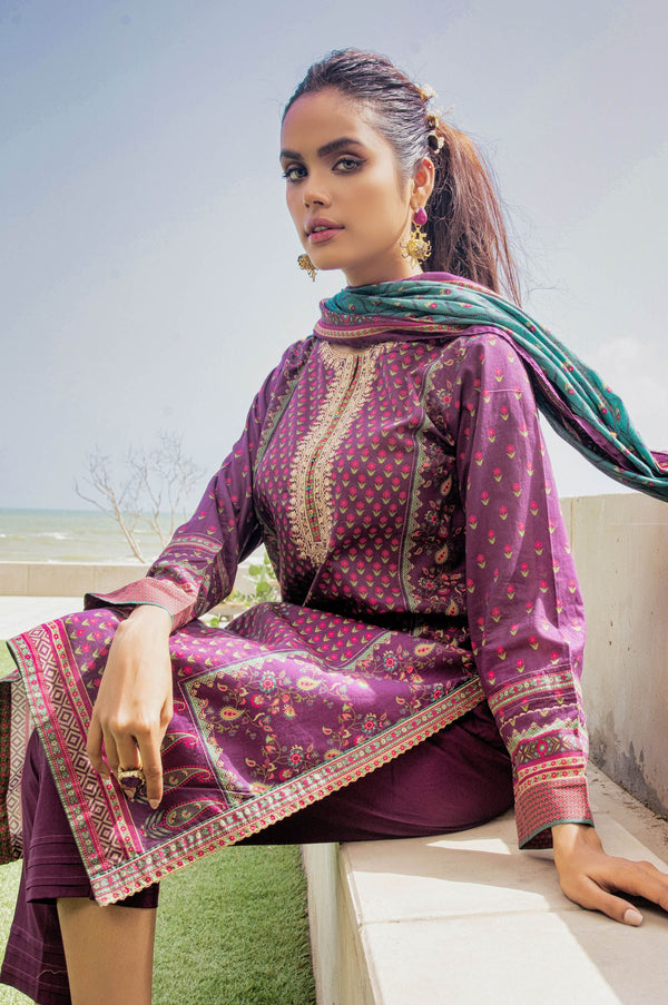 Stitched 3 Piece Embroidered Lawn with Cotton Net Suit