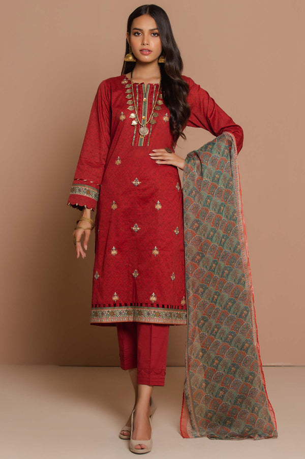 Stitched 3 Piece Embroidered Lawn with polyester chiffon Suit