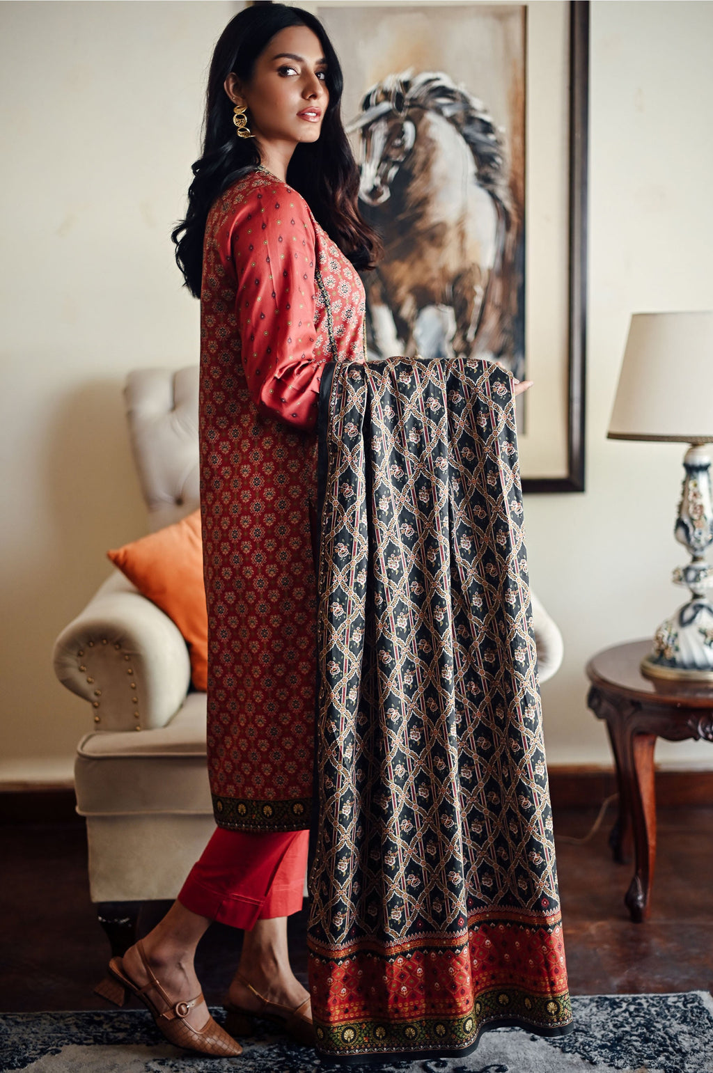 Stitched 3 Piece Printed Doria Linen Viscose Suit
