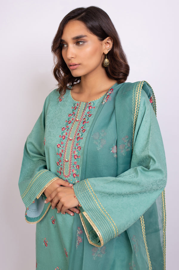 Stitched 3 Piece Embroidered Satin Jacquard Suit