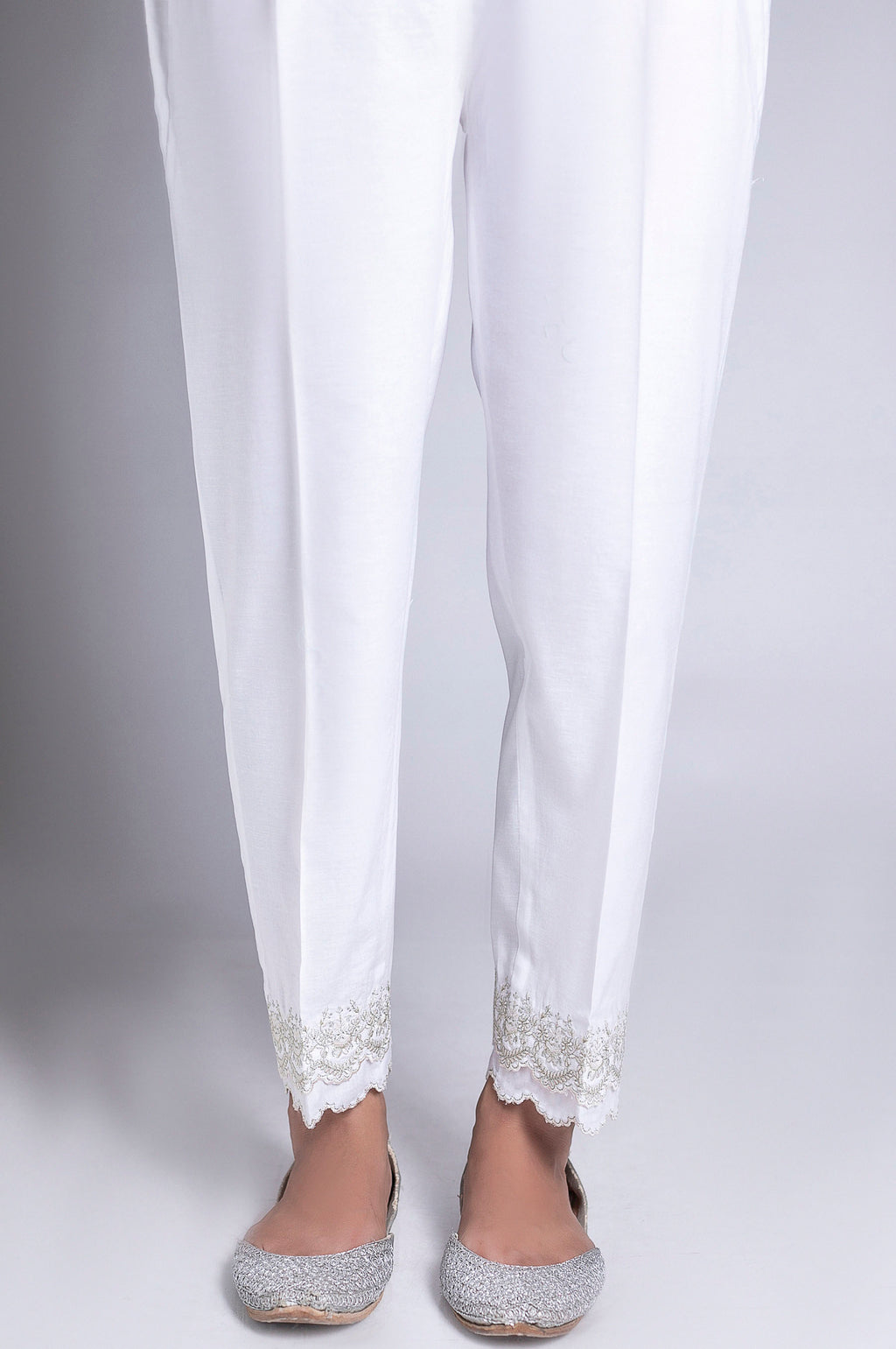 Embroidered Cotton Slub Pants - White