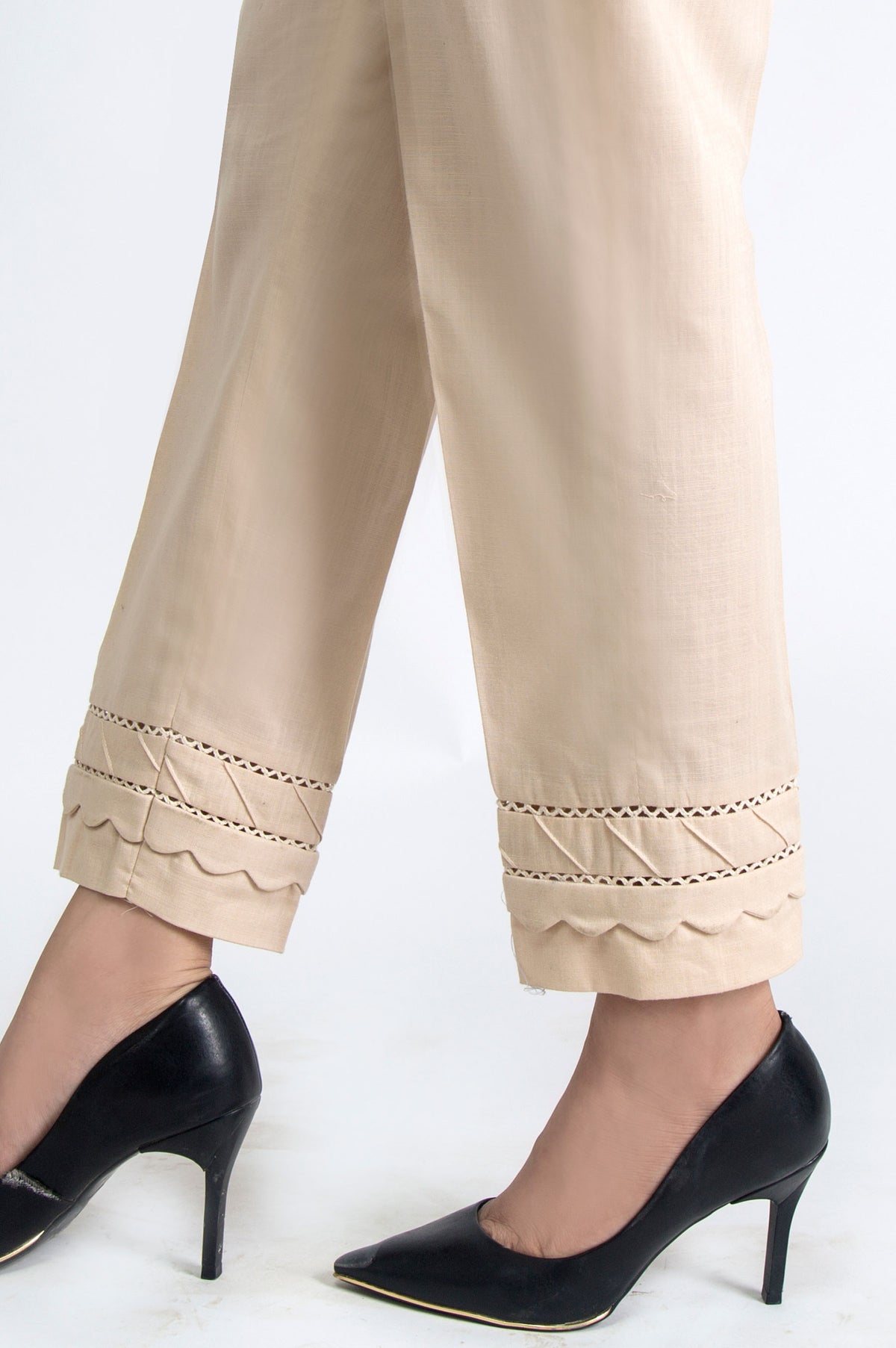 Embroidered Cotton Slub Pants - Beige