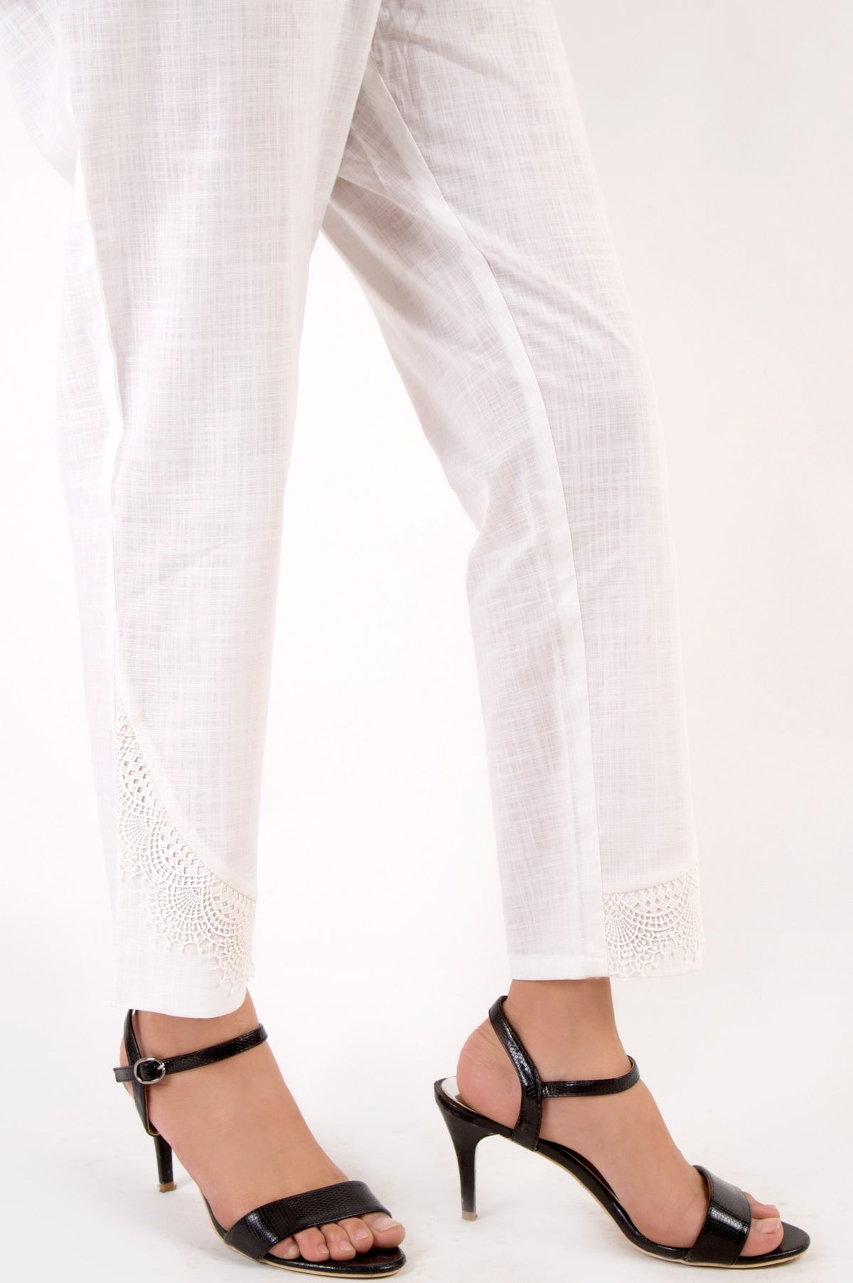 Embellished Cotton Slub Pants - White