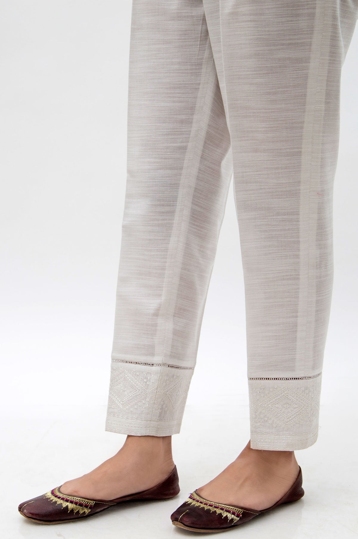 Embroidered Cotton Slub Cigarette Pants  - White