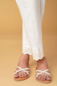 Embroidered Cotton Slub Cigarette Pants - White